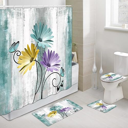 Miniatura 9 de Juego de cortinas de ducha rústicas con alfombras, margaritas moradas de granja, flores florales, mariposas, cortinas de baño de madera de campo de