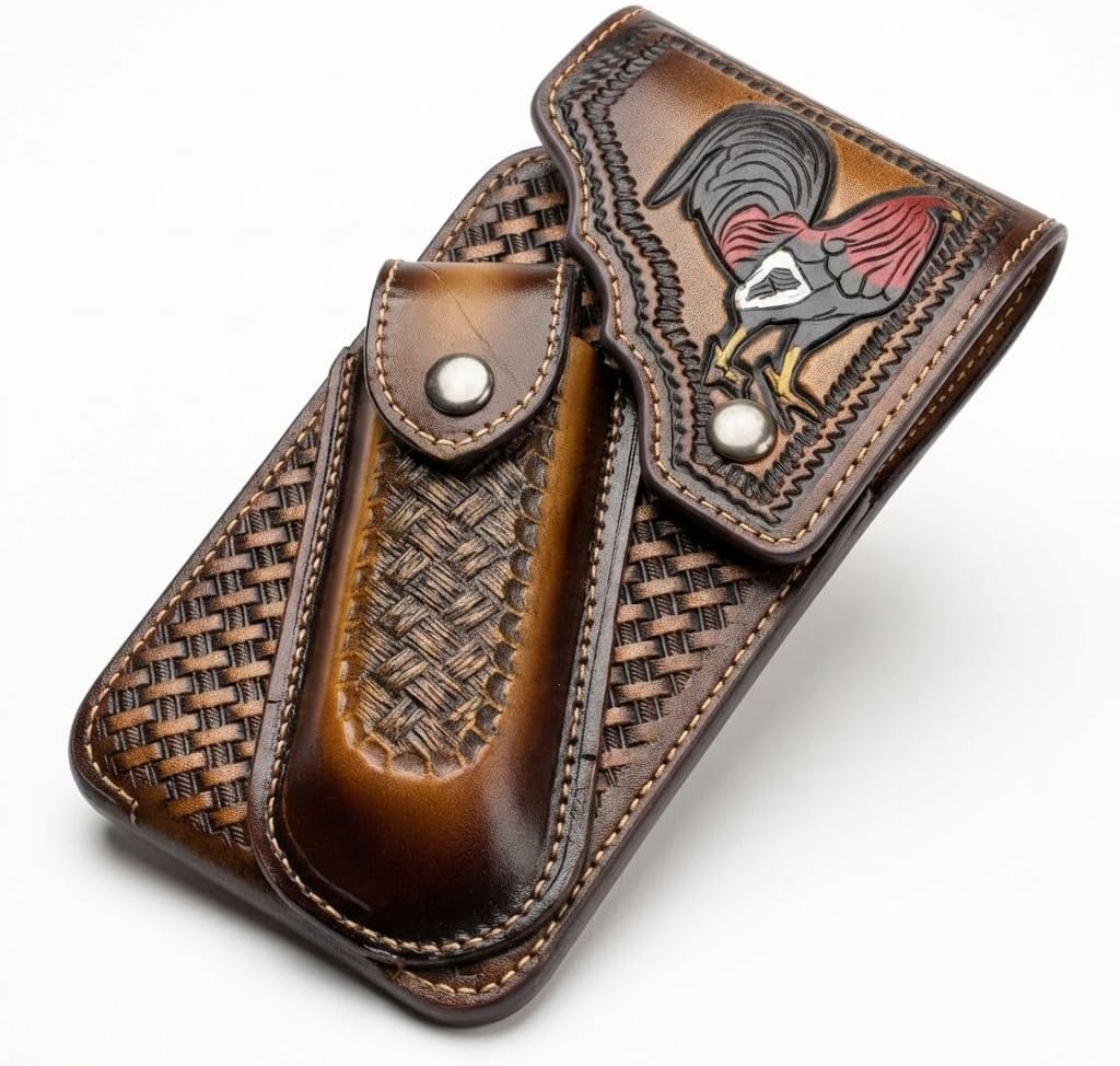 Western Phone Holster with Knife Pouch, Engraved Rooster Basketweave Belt Clip Case for Men (Brown)