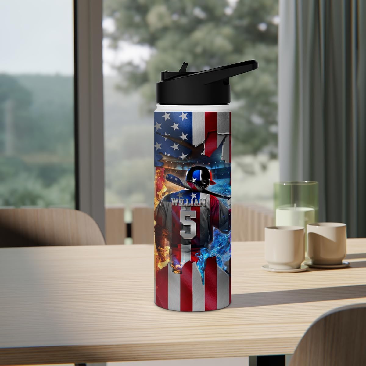 winorax Baseball Water Bottle Personalized Baseball Player American Flag Stainless Steel Insulated 32oz 18oz 12oz Bottles For Men Boys Coach Sports Player Father's Day Birthday Gifts