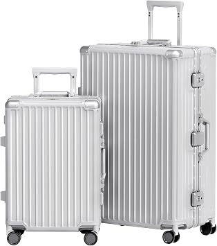 AnyZip Luggage Sets 2 Piece Aluminum Frame Carry On and Checked Suitcase PC ABS Hard Shell TSA Lock No ZipperSilver, 20/28