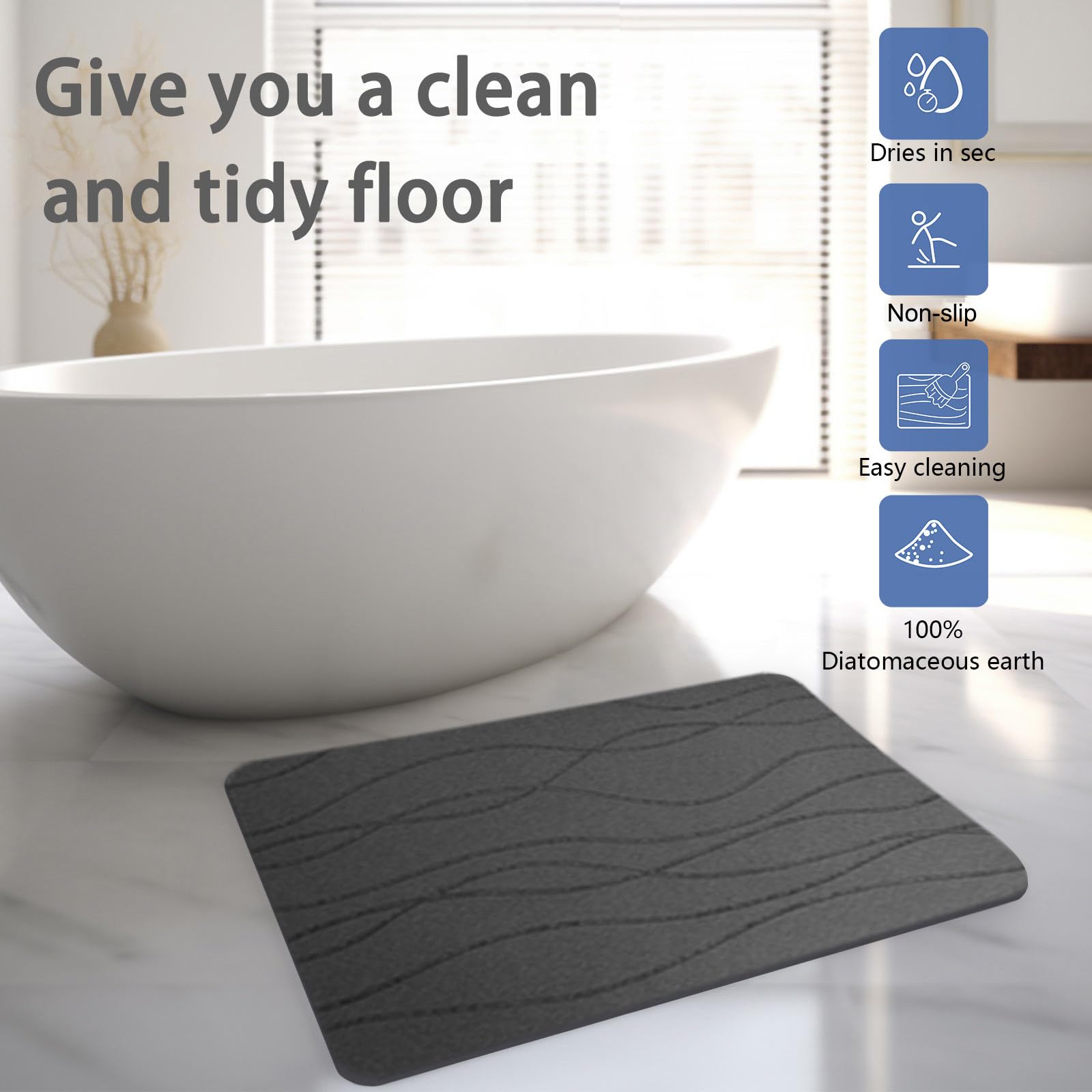 MIRA HOME Stone Bath Mat, Non-Slip Diatomaceous Earth Shower Mat, Fast Drying Diatomite Stone Bath Mat, Highly Absorbent, Odorless, Easy to Clean (Stripe Dark Grey)