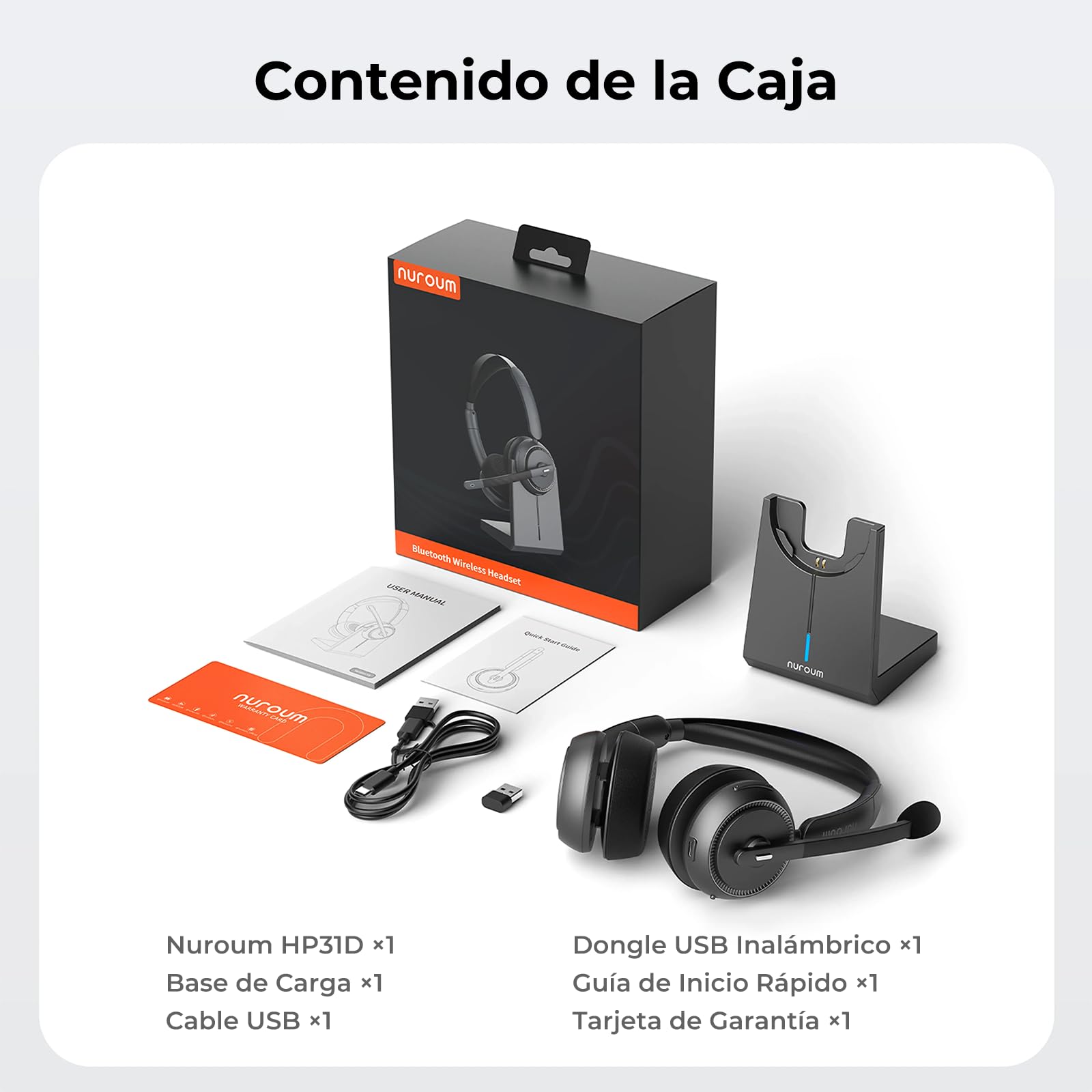 Nuroum HP31D 2026 Auriculares Bluetooth con Estación de Carga, Auriculares Inalambricos PC, Cancelación de Ruido ENC, Dongle USB/Bluetooth 5.4, 45H Tiempo de Trabajo para Teams/Oficina/Call Center