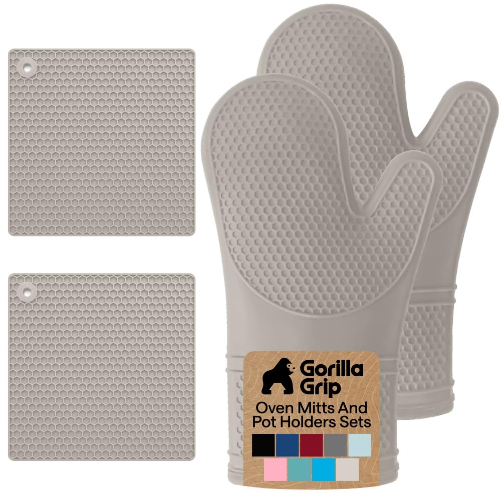 GORILLA GRIP BPA-Free Silicone Oven Mitts and Pot Holders Set, Almond
