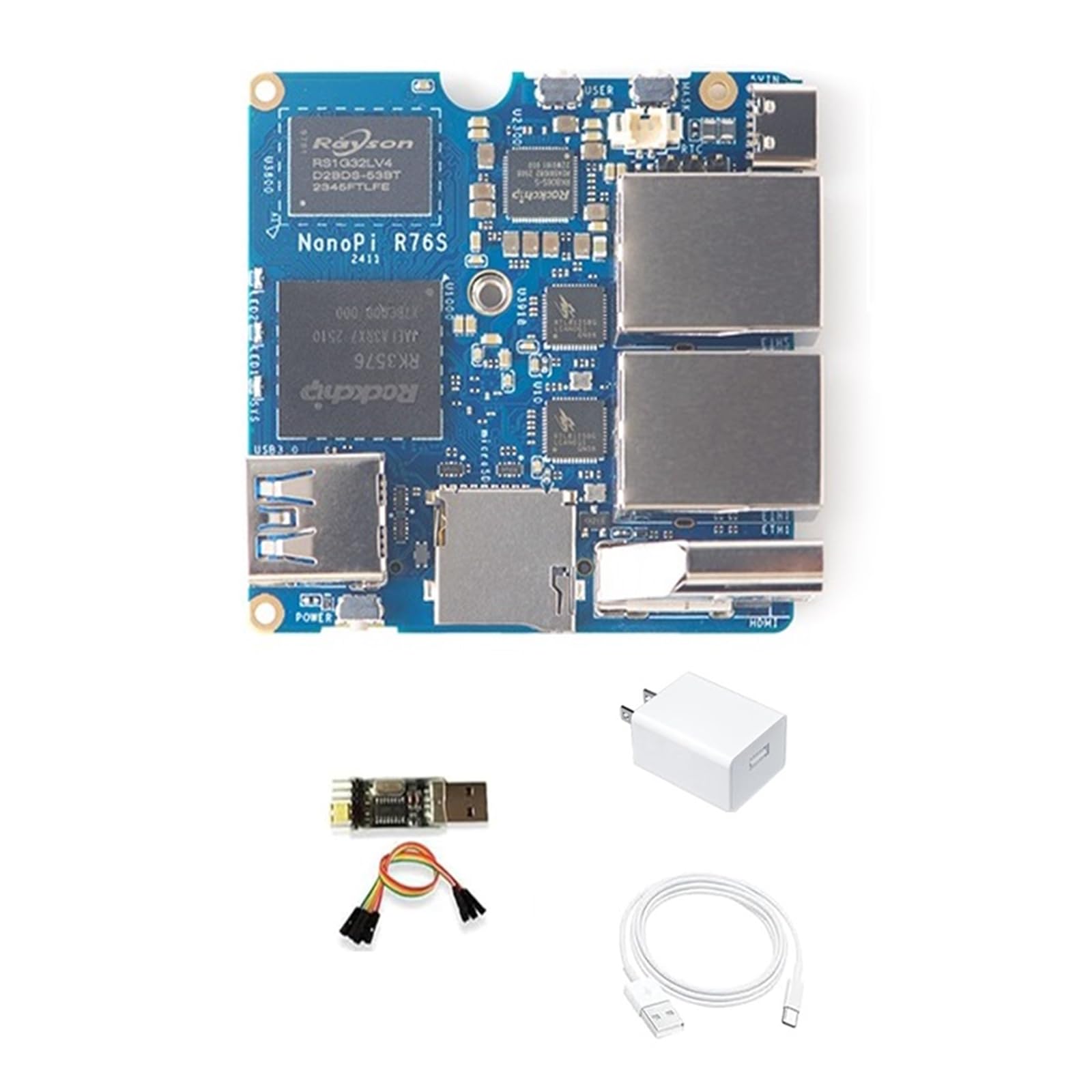 NanoPi R76S Mini Router, RK3576 Octa-Core SoC with AI Model, LPDDR5 16GB RAM 32GB eMMC, 6TOPS NPU,Dual 2.5G Ethernet, Support M.2 Wi-Fi Module (None M.2 WiFi, LPDDR4X 4GB, Power Kit)