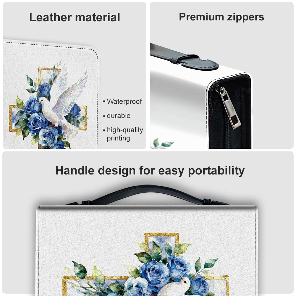 Hobbspring Bible Cover Case for Women Lady Pigeon Roses Flower Book Cover with Bookmark Nature Peace Durable Carrying Bible Cases with Handle and Zipper PU Leather Storage Bags for Students(Blue) - Image 4