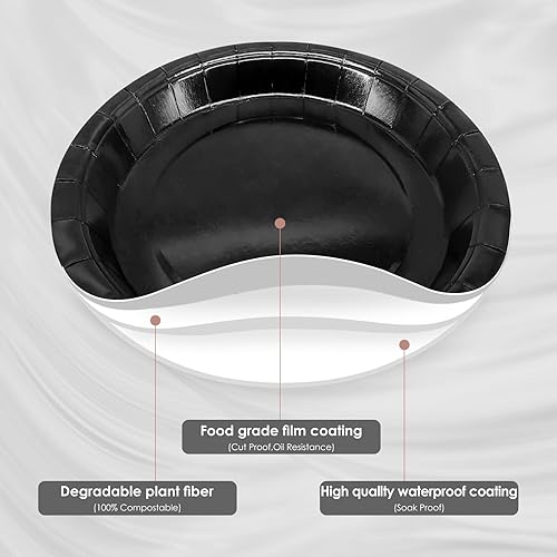Miniatura 7 de Severs - Platos de papel negro para 25 invitados, de 9 pulgadas, platos de papel negro a granel, tazas, servilletas y mantel, platos desechables