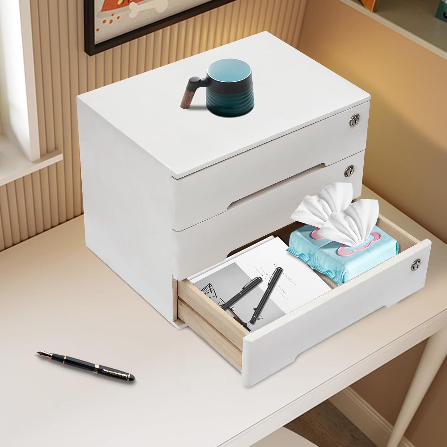 Wooden Desktop Storage Box, with 3 Lockable Drawers, Keepsake Box, Office Supplies A4/Receipt File Organizer, Flat File Cabinet to store documents, notebooks, or other small objects