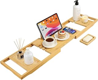 Extendable Bamboo Bath Shelf, Adjustable Bathtub Board, Bathtub Shelves, 70-91cm Wide with Cup Holder, Natural Wood Color