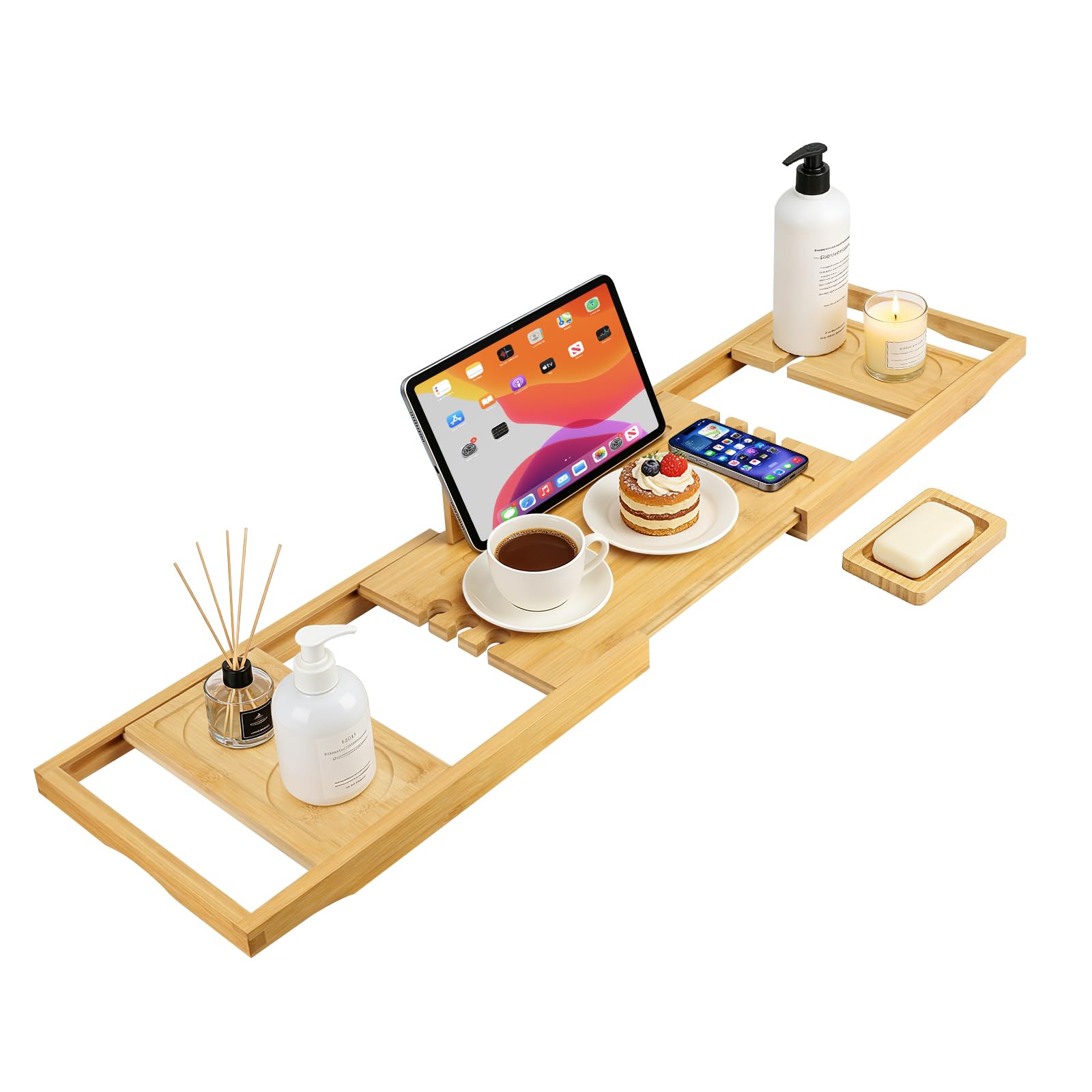 Bandeja extensible de bambú para bañera, ajustable, 70-91 cm de ancho, con soporte para bebidas, color madera natural
