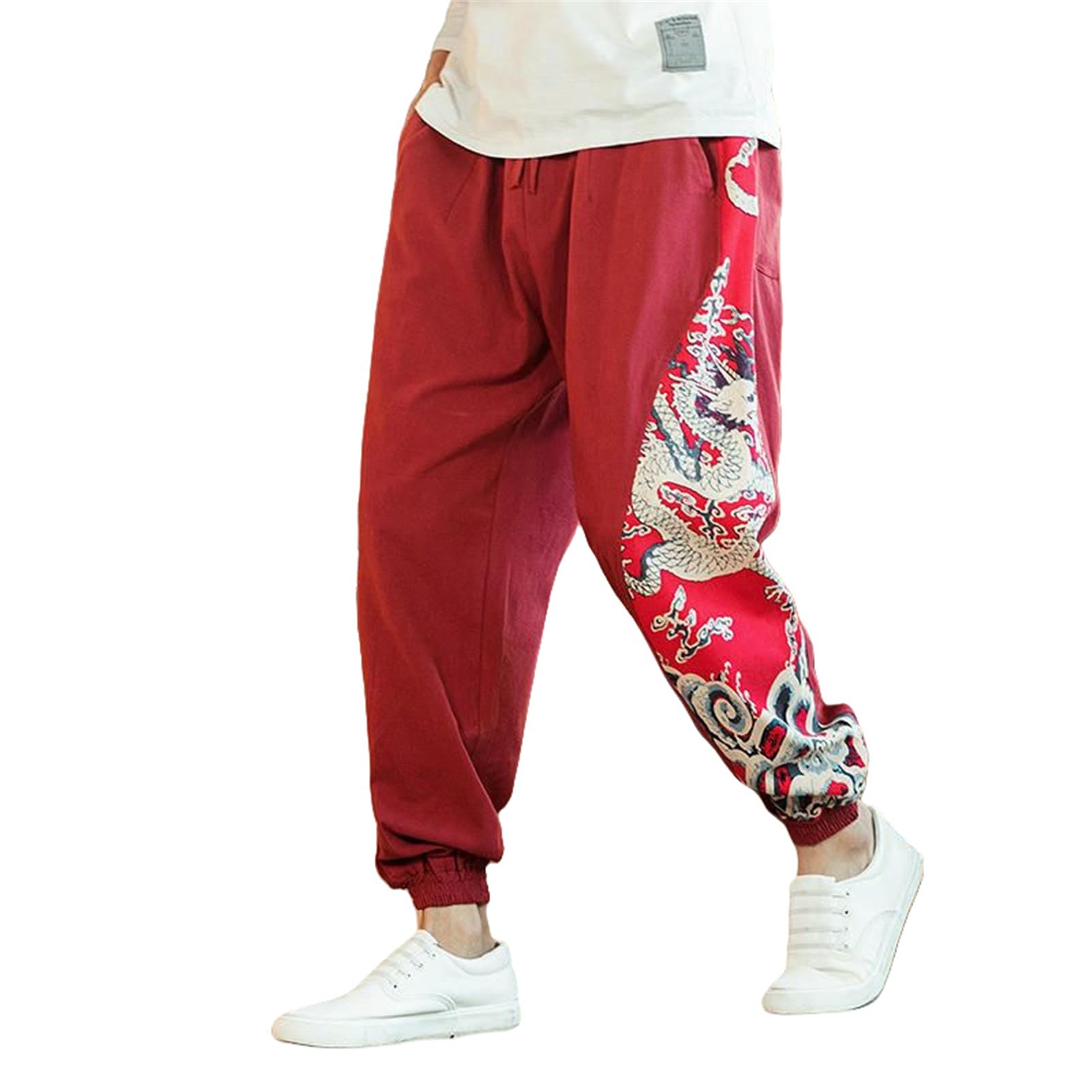 Pantaloni aderenti da uomo in cotone e lino con motivo dragone in stile cinese primavera estate