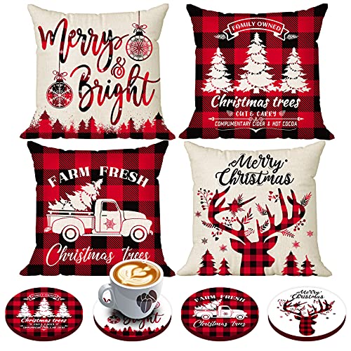 Creatrill Rustic Christmas Pillow Covers 20X20 Set Of 4 With 4 Bonus Coasters, Buffalo Check Christmas Trees Truck And Reindeer Red Plaid Pillow Cases, Christmas Decor Throw Pillow Covers #TOP24