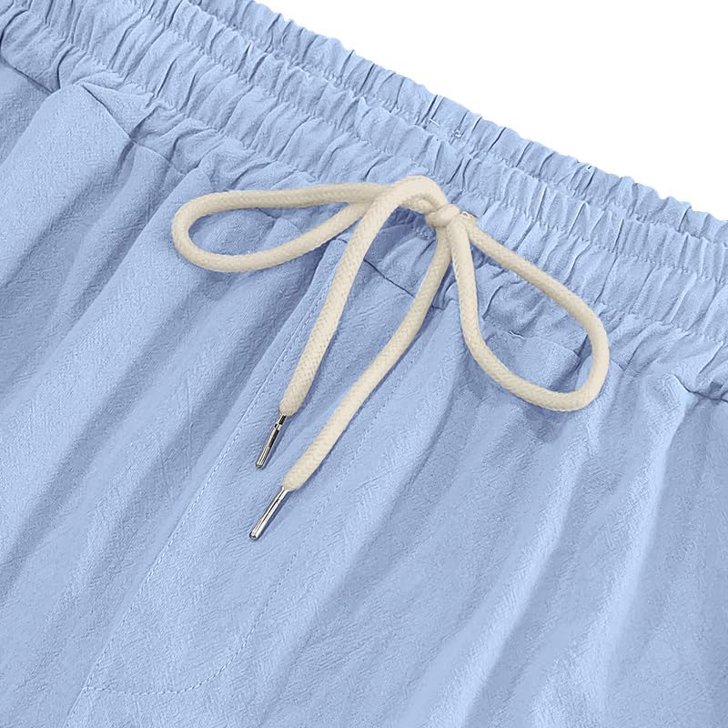 Men's Summer Linen Long Pants Fashion Casual Elastic Waist Drawstring Long Pants with Multiple Pockets4