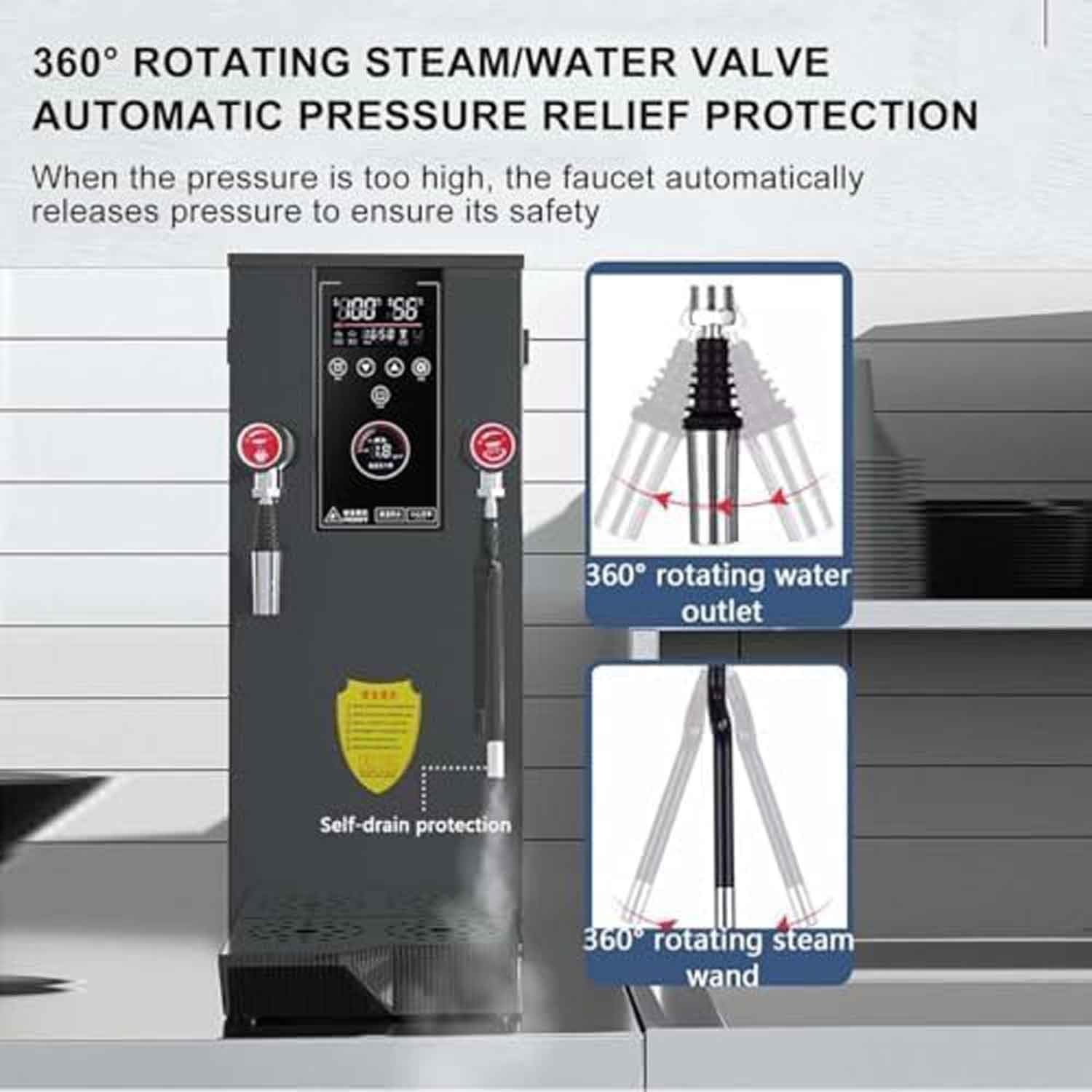 Espumador de leche comercial con válvula de vapor de 360°, 5 ajustes de temperatura y pantalla LED, ideal para espumar leche para té, chocolate caliente, capuchino y café con leche.