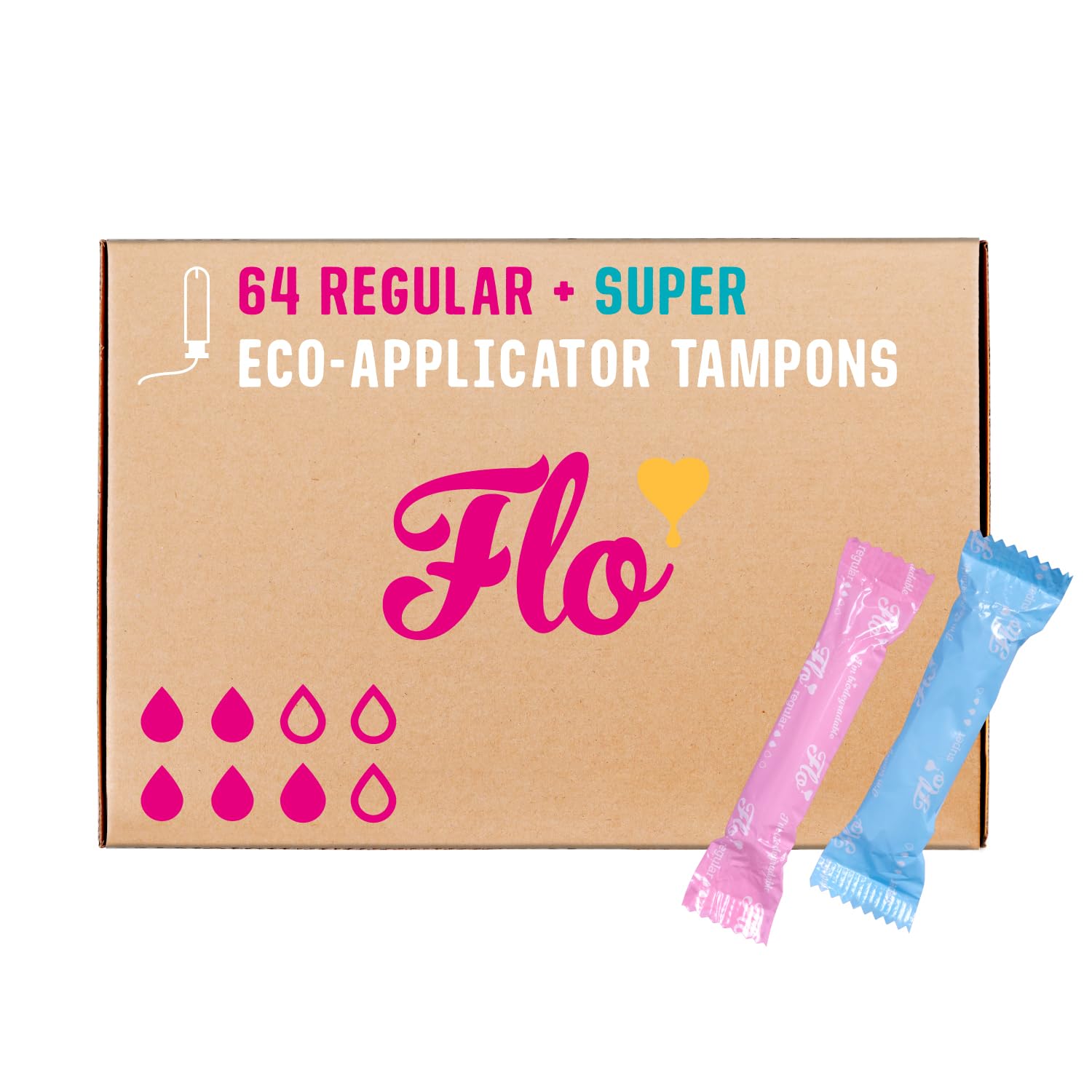 Flo Organic Cotton Applicator Tampons – Super Absorbent, Soft, Smooth Applicator - Combo Pack 36 Regular & 28 Super Tampons
