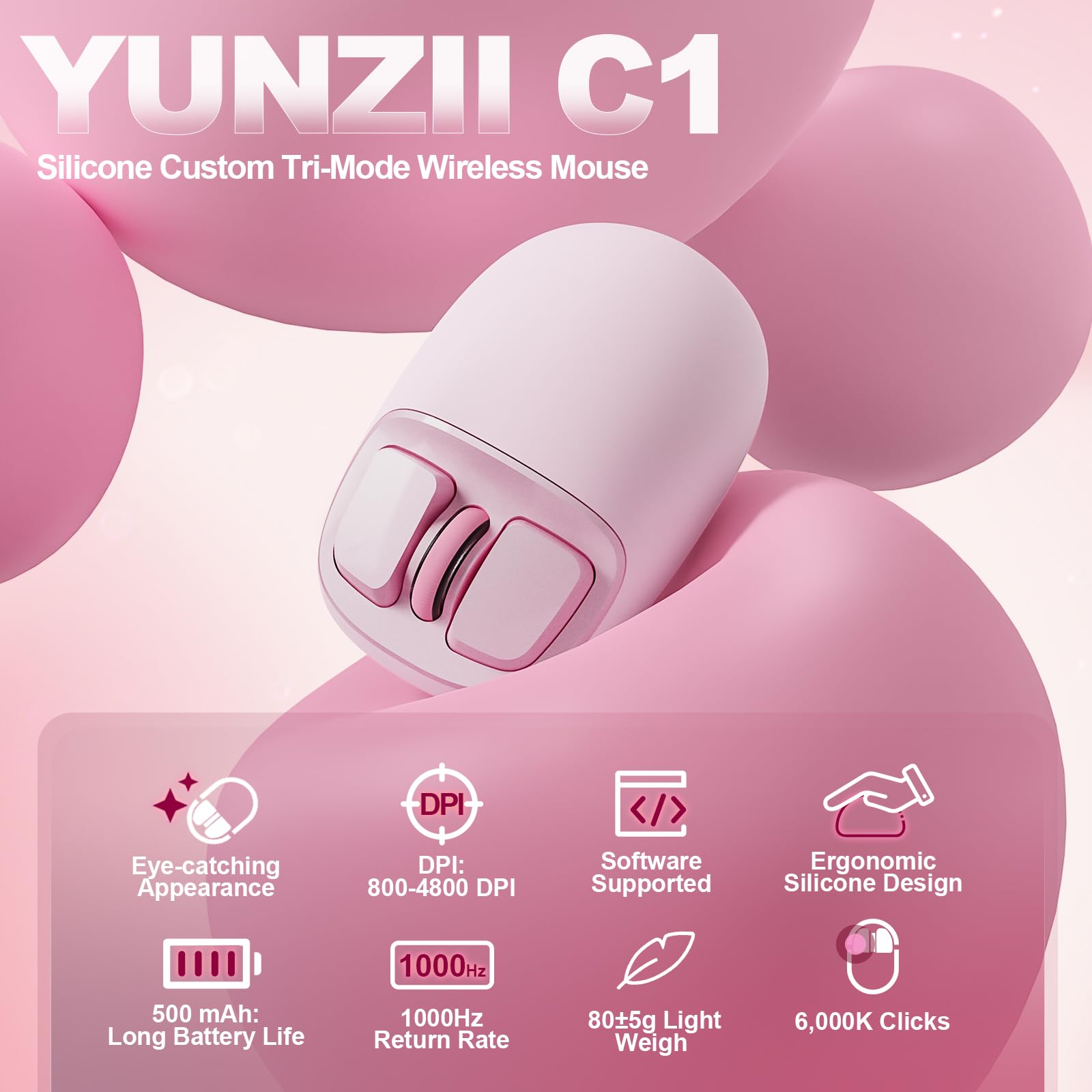 YUNZII C1 Siliconyowa Bezprzewodowa Mysz, 4800 DPI Śledzenie Optyczne, 6 Poziomów Regulacji, Tryb Potrójny 2,4 GHz/USB-C/Bluetooth, Konfigurowalna Mysz do Laptopa, Komputera, iPada (Różowy)