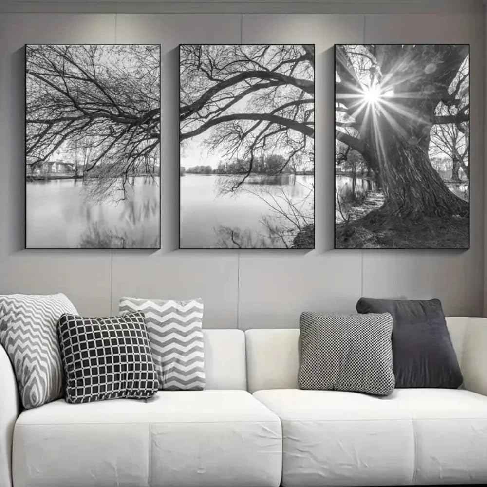 HURCP Set Of 3 Canvas Poster Black White Gray Stunning Big Tree Lake Sunset Nature Landscape Study Wall Art Prints Gift Bedroom Living Room Dorm Gallery Corridor Decor Picture,A2 (42X60CM)