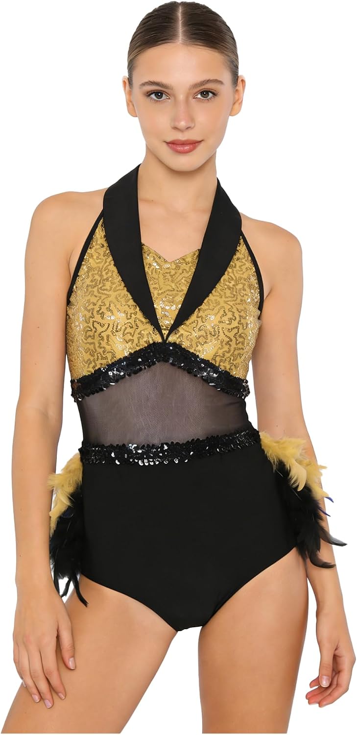 YiZYiF Women Sparkle Sequins Feathers Leotard One Piece Bodysuit Latin Dance Acrobat Costume