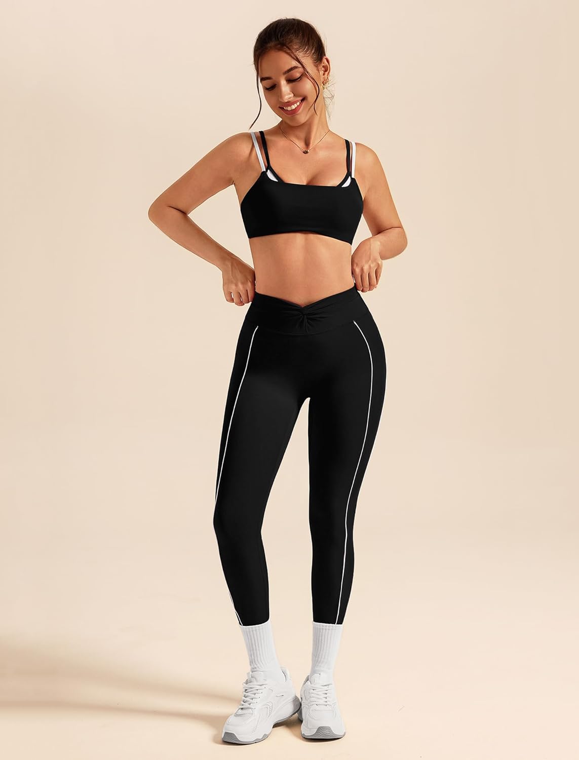 ABOCIW Workout Workout Sets Color Block Twist Back Layered Sports Bra Twist Waist Leggings Gym Yoga Outfits - Image 3