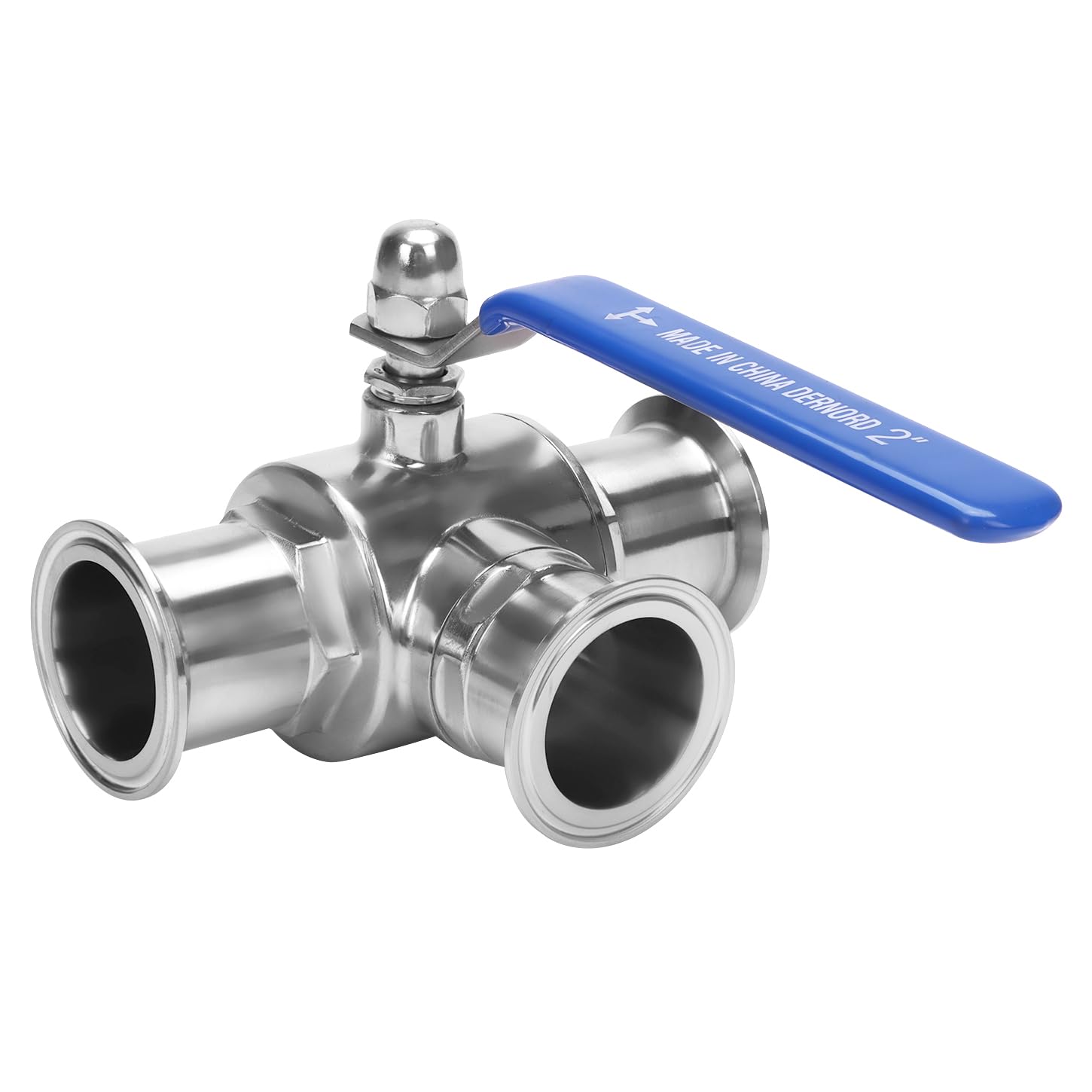 DERNORD Válvula de bola sanitaria de triple abrazadera de 2 pulgadas, válvula de bola de 3 vías, puerto en T, acero inoxidable 304, forrado de PTFE (tubo OD de 2 pulgadas)