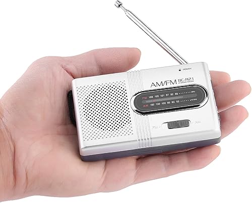 Mini radio estéreo portátil - AM/FM, funciona con batería, antena telescópica, altavoz grande, conector para auriculares