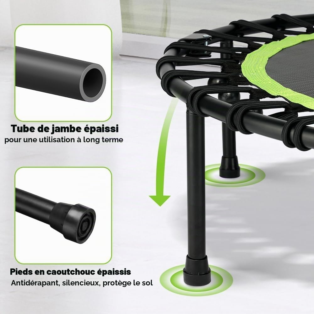 ONETWOFIT Trampoline Pliable pour Adulte, 101/107/114 cm Mini Trampoline de Fitness avec poignée en Mousse réglable, Bungees, Exercice Silencieux pour l'intérieur Personnel