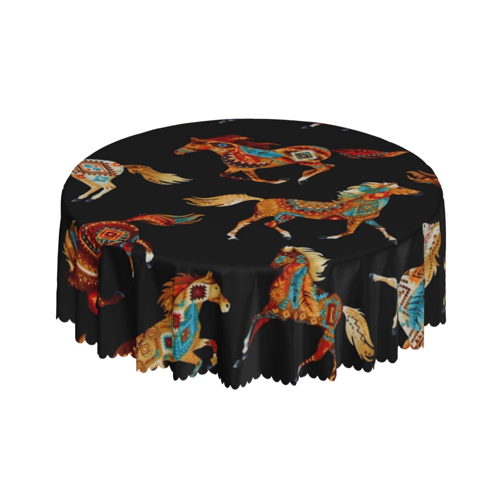 Lsjuee Southwest Horses Tribe Pattern Black Round Tablecloth 60 Inch Printed Washable Tablecloth for Dining Party Holiday Fall Home Decorative