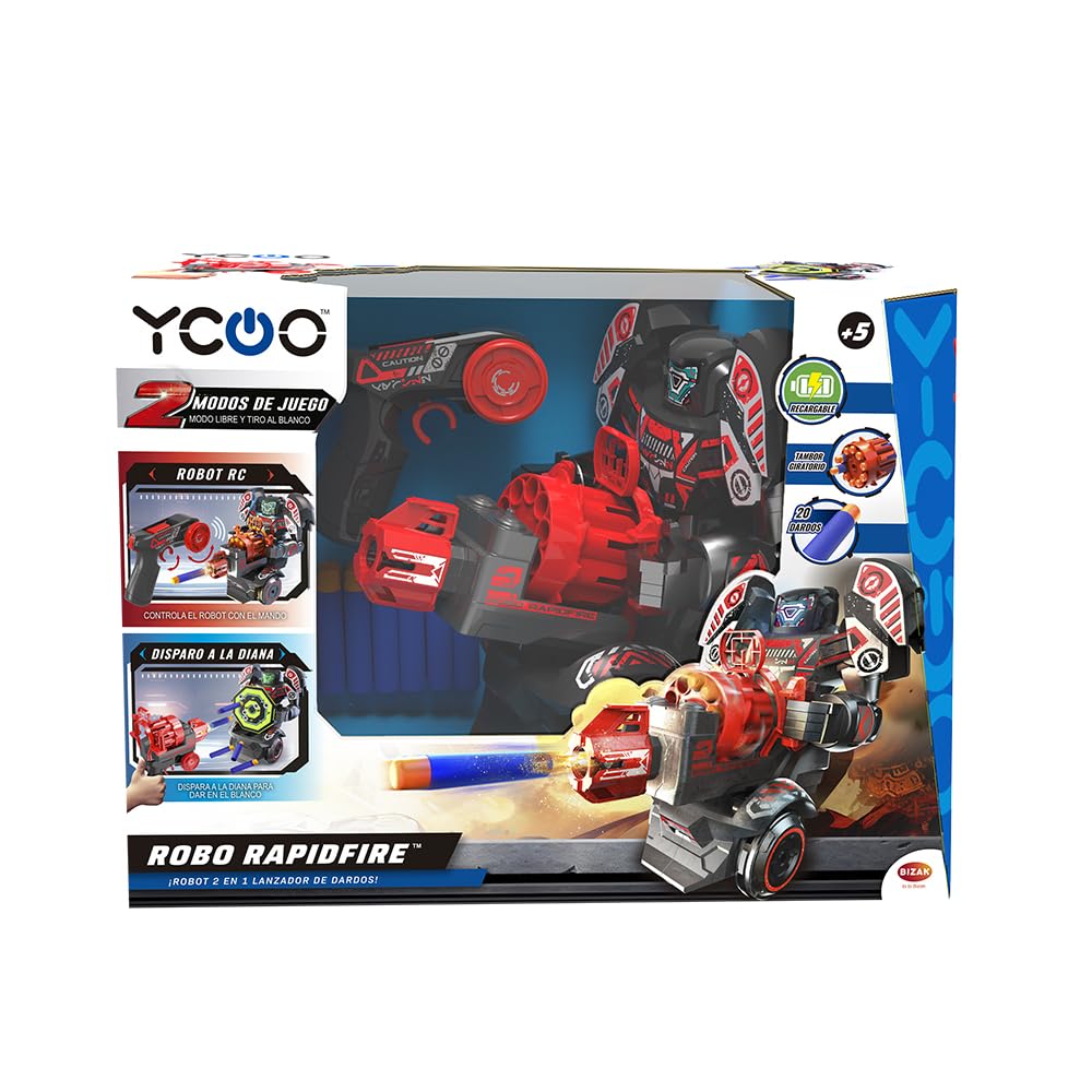 YCOO Robo Rapidfire, Robot con Luces led en la Cara y Efectos de Sonido, 2 Formas de Juego, dirigida y autónoma, dispara Dardos Desde el Mando, Funciona con Pilas, Bizak (62008528)