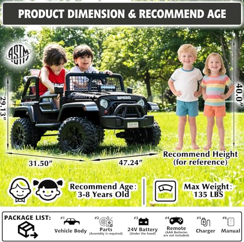 sopbost Premium 24V Ride On Car with Remote Control, 4x200W, 2 Seater Ride On Toy, 4WD Kids Electric Vehicles, XL Ride On Truck with EVA Tires Wheels, Bluetooth (Black)