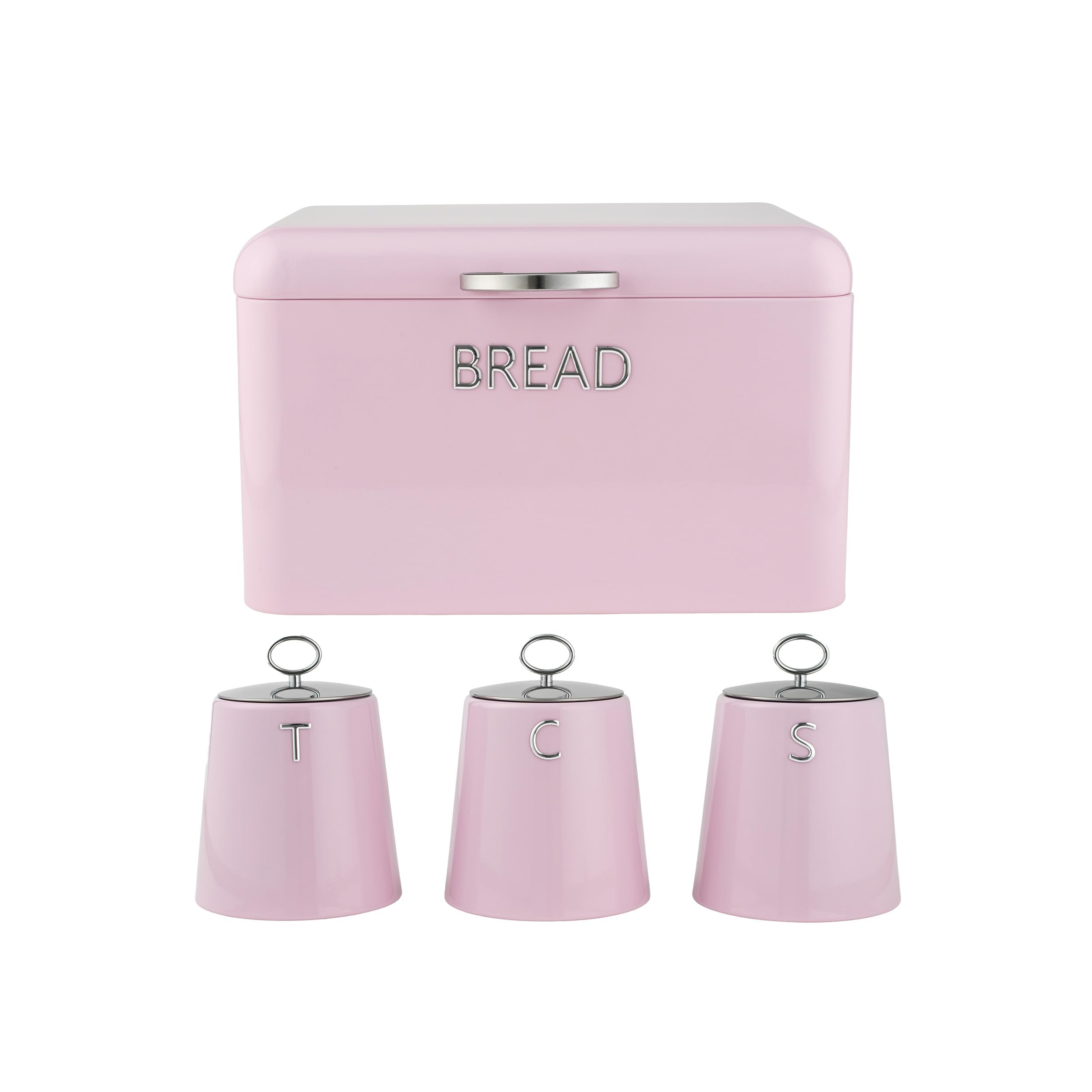 Salter Retro Pink Bread Bin & Canister Set – 4-Piece Countertop Set, Dried Goods, Tea, Coffee & Sugar Canisters, Dry Food Storage Containers, Pastries, Rolls, Bagels, Durable Steel, Embossed Lettering