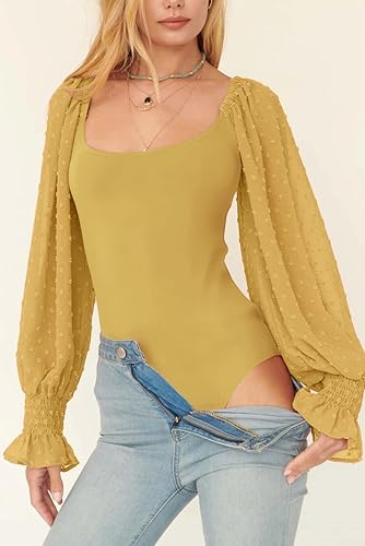 Miniatura 3 de Zeagoo Body de manga larga abombada con cuello cuadrado para mujer, leotardo con hombros descubiertos, manga de lunares transparentes