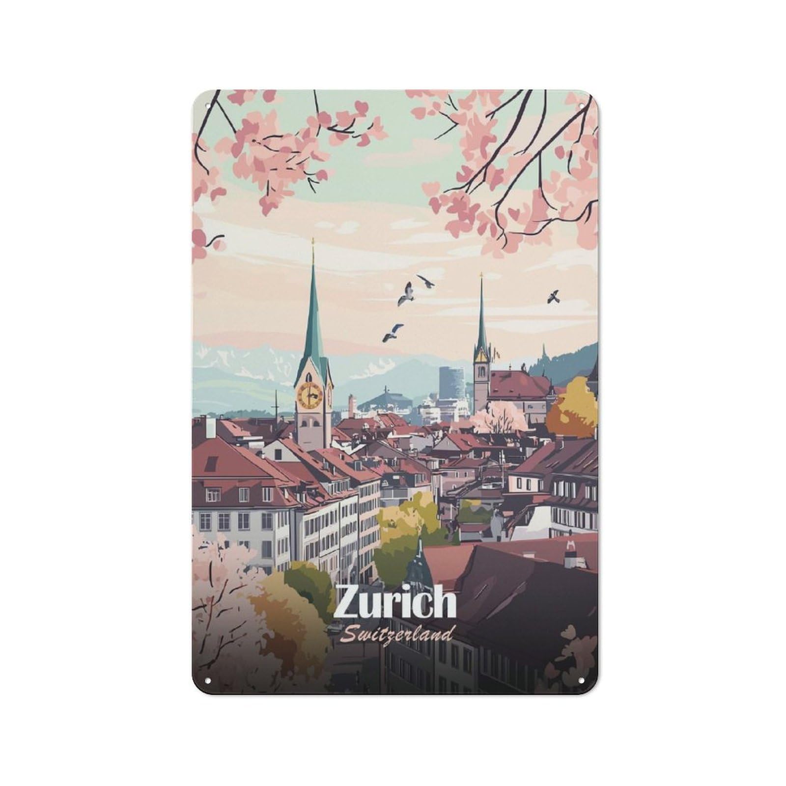 Junmoney Style-21 Zurich Cityscape Everyday Metal Wall Decor 30X20cm, Vintage Metal Sign For Hallway, Home Bar, Garage Or Study