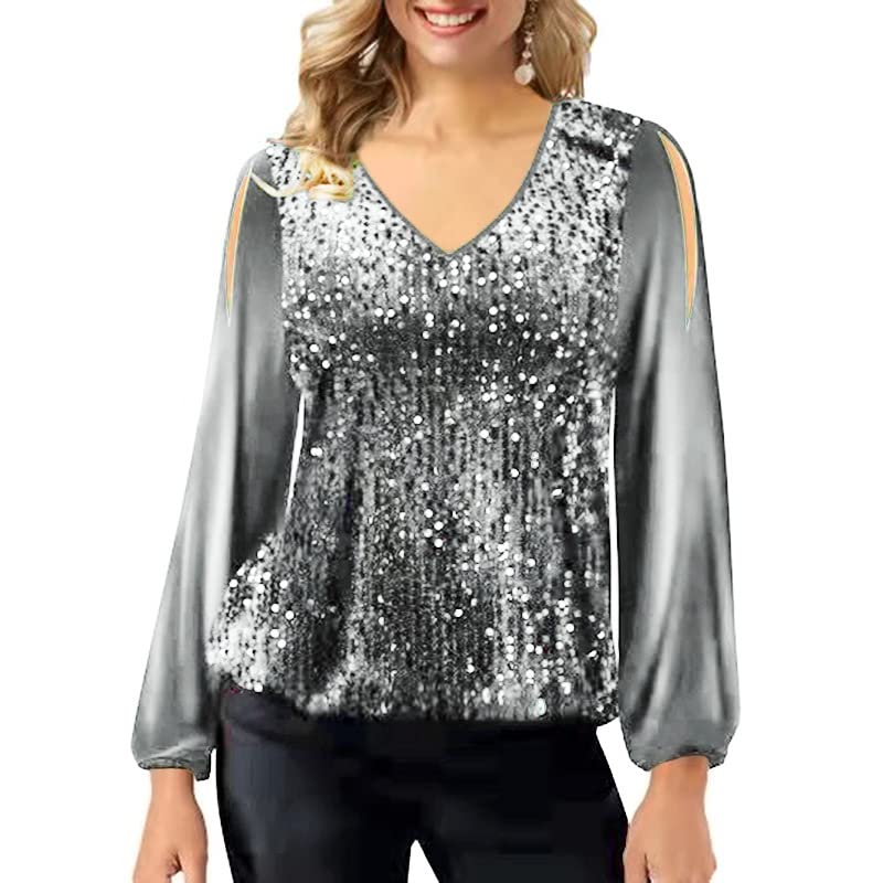 Fronage Women's Sparkle Sequin Tops, Glitter Patchwork Long Sleeve U Neck Holiday Party Shimmer Blouse Shirts
