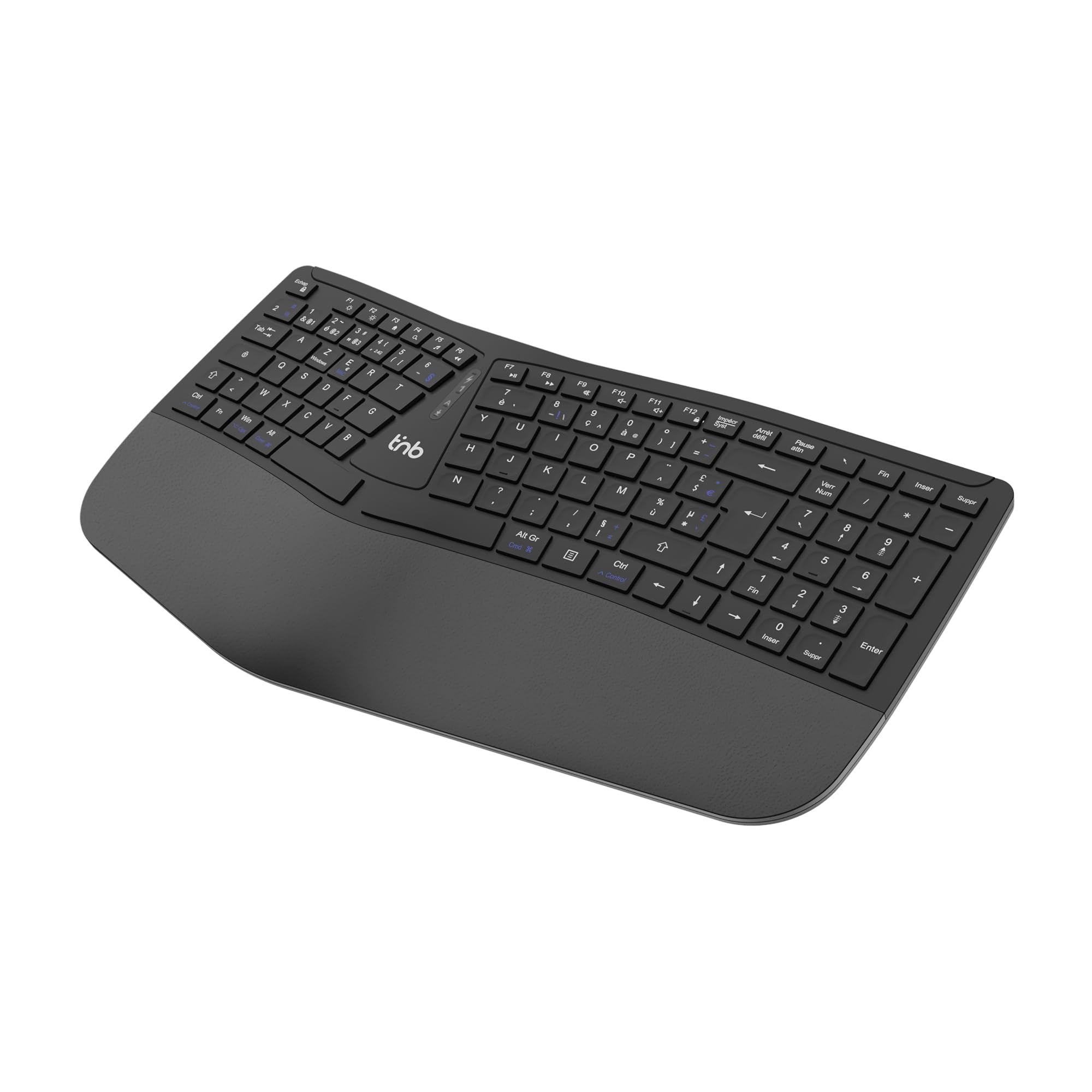 T'nB Ergo Key Pro - Tastiera ergonomica senza fili, doppia connessione | Bluetooth e 2,4 GHz, Poggiapolsi in finta pelle, AZERTY francese, Windows e macOS, nero