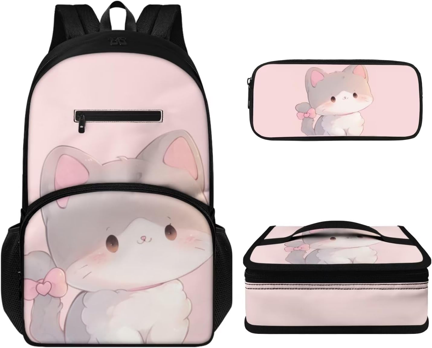 Backpack and Lunch Box Set for Girls 4-8 Cute Cat Backpack for School Multi-pockets Waterproof School Bag Thermal Foldable Lunch Bag Mini Pencil Case