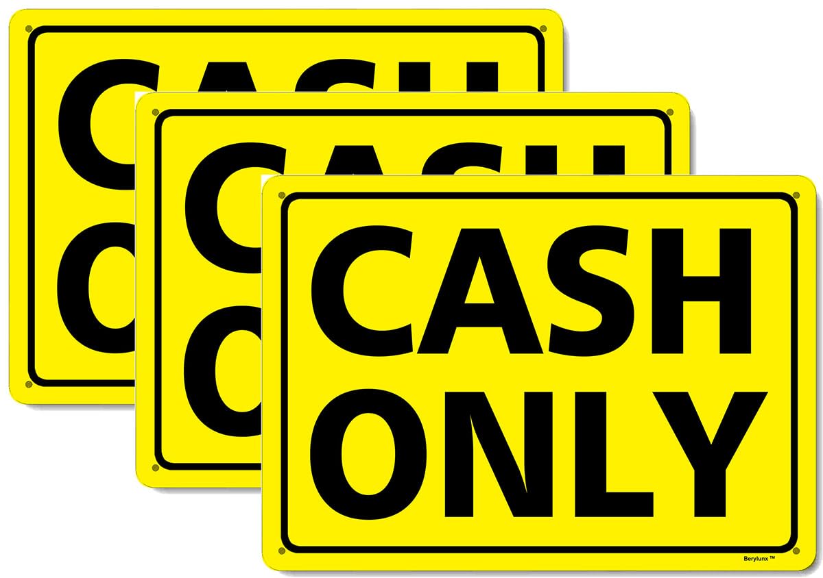 3 Pack 12"x8" Cash Only Yellow Background Black Rust Free Aluminum, Fade Resistant Metal Signs for Business for Home for Door Outdoor