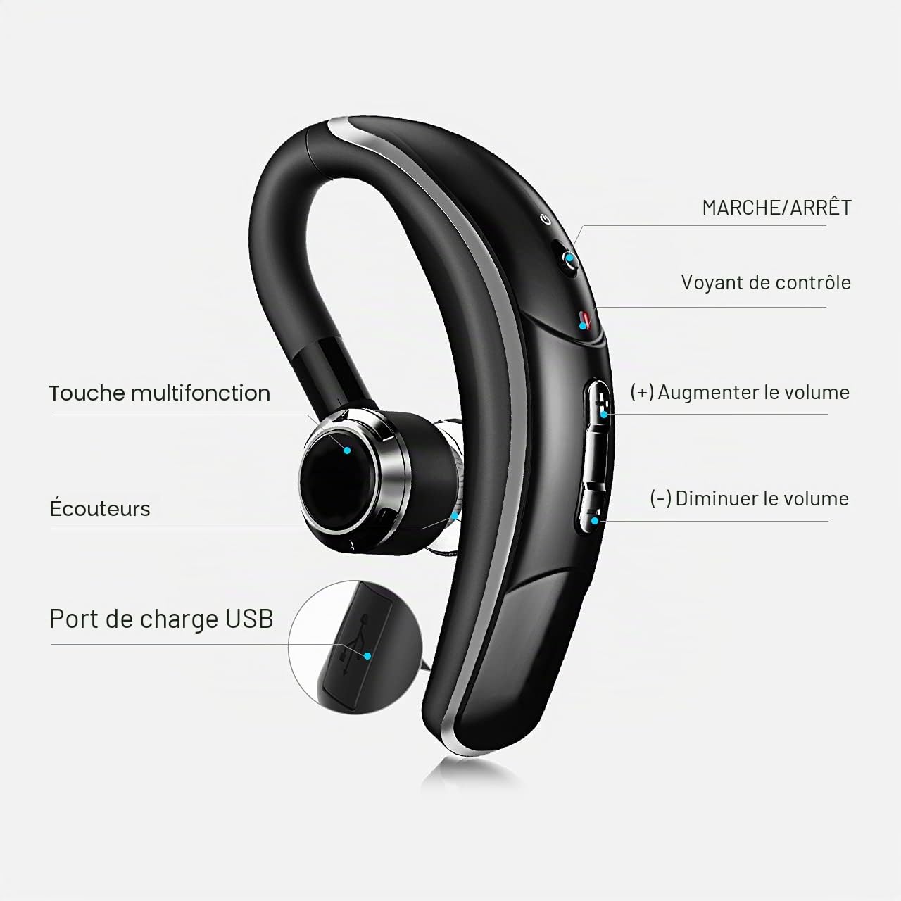 Oreillette Bluetooth 4.1 sans Fil en Voiture Kit d'oreillette Bluetooth avec Microphone Réduction du Bruit d'appel CVC 6.0, 280H d'Autonomie Casque d'écoute sans Fil, pour Bureau/Conduite (Sliver)