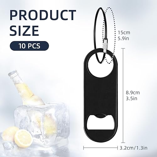 Miniatura 3 de Paquete de 10 abridores de botellas planos de acero inoxidable con llavero de 3.5 pulgadas, abrebotellas de cerveza de color negro, mini