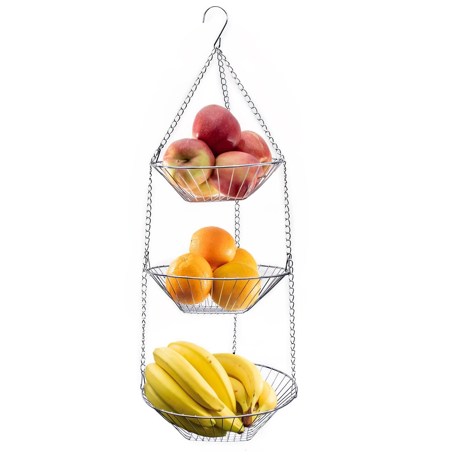 Panier de rangement suspendu à trois niveaux en acier inoxydable pour