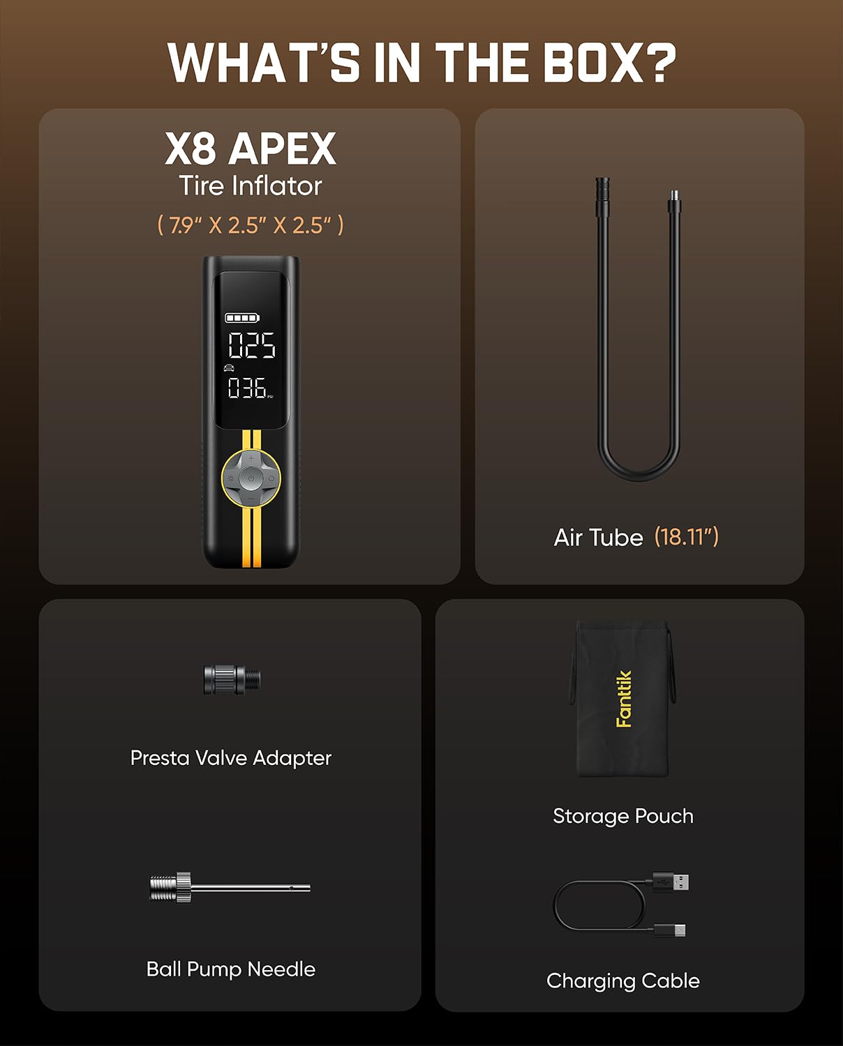 Fanttik X8 APEX™ 7800mAh Compresor Aire Portatil 12V, 10,3Bar/150PSI Inflador Coche Recargable Bomba, Inflado 2X Velocidad con Pantalla LCD, Inflador 5 Modos Para Coches, Bicicleta, Motos, Bolas