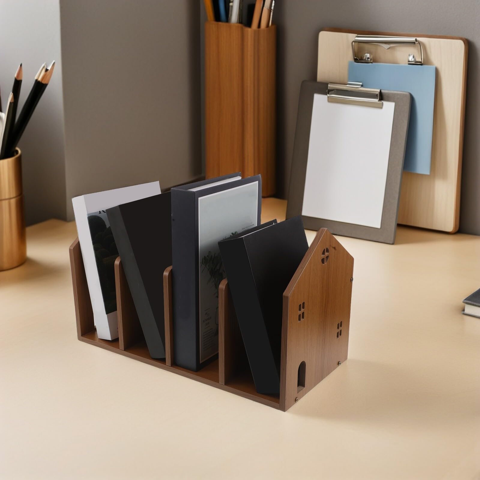 Sosoport Scaffale da Scrivania in Legno Marrone Chiaro, Libreria da Tavolo Compatta per Ufficio e Studio, Organizzatore Porta Libri e Accessori per Scrivania Piccola e Portatile