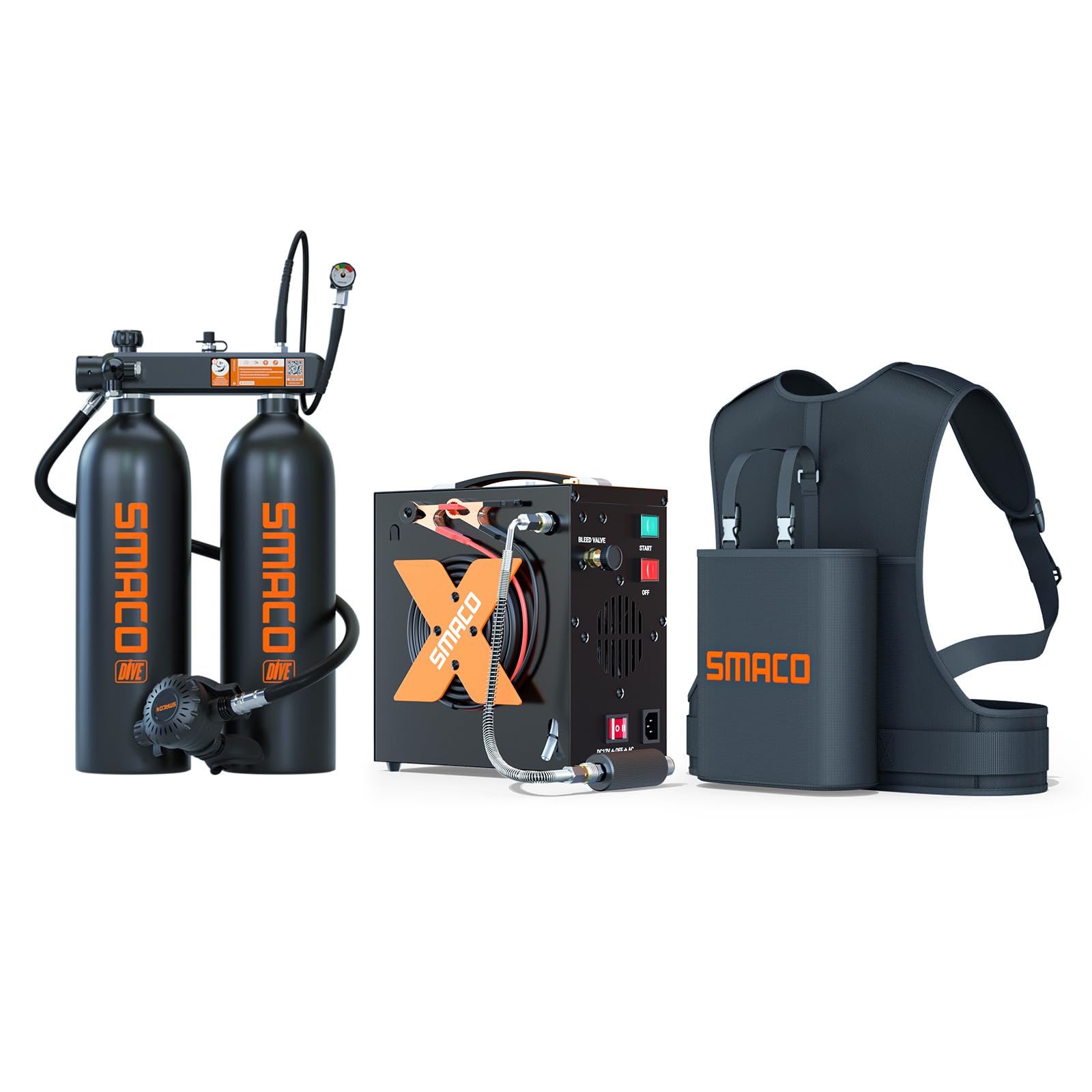 SMACO Mini Scuba Diving Tank 2L Double Scuba Tank Reusable Small Pony Bottle with 30-45 Mins Portable Twin 2L Diving Air Tank Kit Diving Oxygen Cylinder for Underwater Exploration Rescue S700 Max