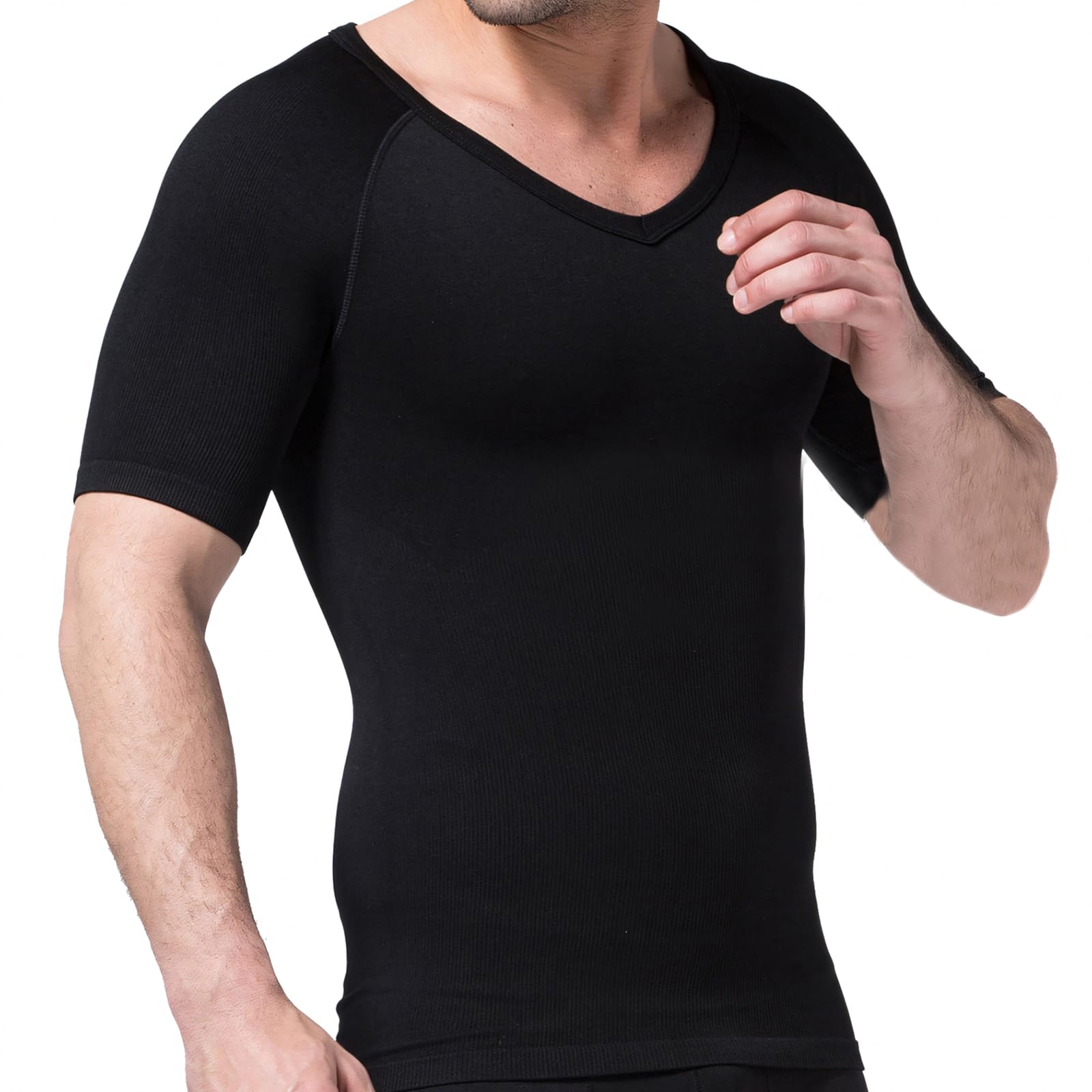 TopTie 3er Pack Nahtlose Kompression V-Ausschnitt Kurzarm T-Shirt Herren Shapewear Unterhemd - Weiß - L