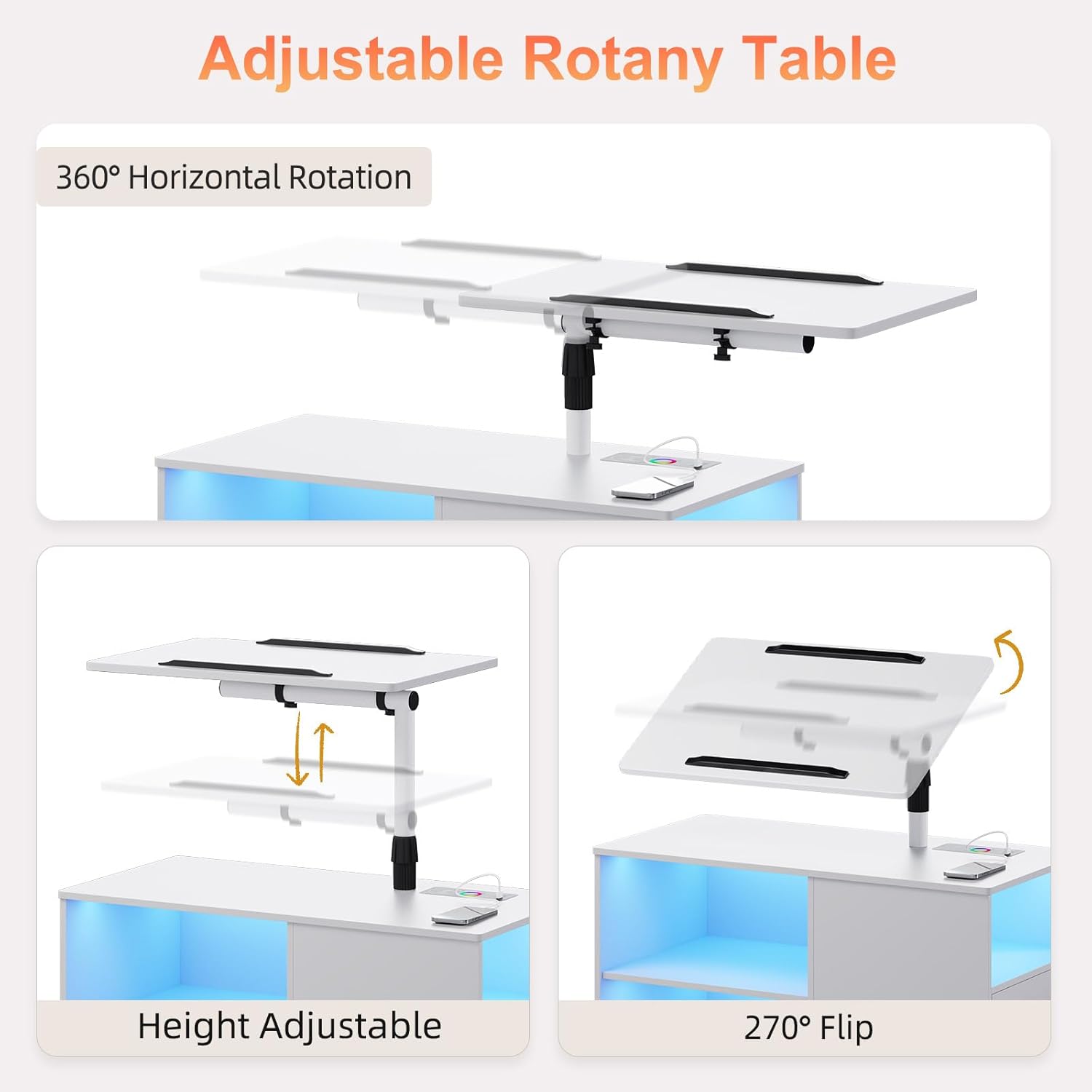 Nightstand with Wireless Charging Station and Auto Senor,RGB Bedside Table with 360° Adjustable Rotary Table,Night Stand with Open Shelves,Drawers,5 Wheels（White）