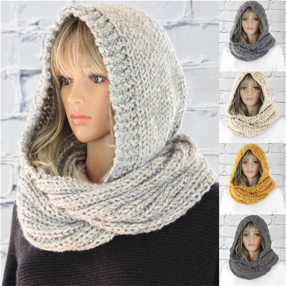Damen-Schal, Winter, warm, gestrickt, mit Kapuze, modisch, Freizeit, bequem, weich, einfarbig, Plüschmütze, Schal, Bekleidungszubehör