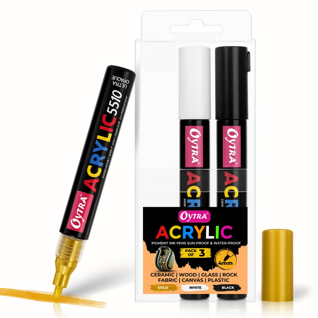 Oytra Acrylic Paint Marker Pens Set of 3 (Combo (Gold, White, Black))-image-19
