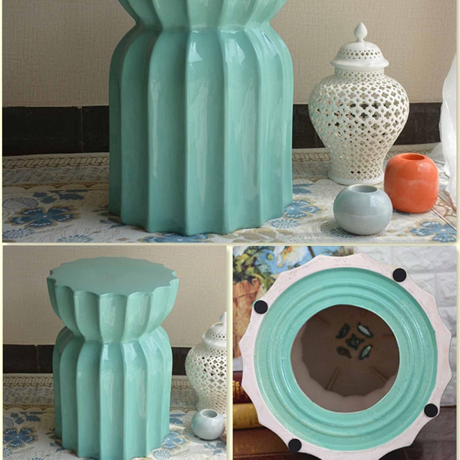 Decorative garden stools, Modern Light Luxury Ceramic Stools, Retro Lotus Ceramic Drum Stools, Round Pier Chairs, Suitable for Balconies and Open-air Gardens.(G)