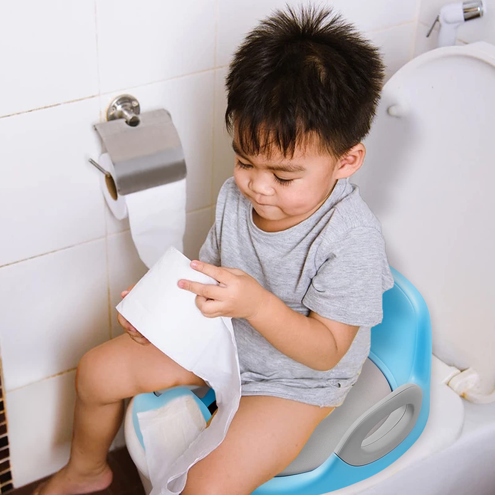 ACXIN Sedile WC per Bambini, Cuscino e Schienale per WC Rotondo e Ovale, Blu + Grigio