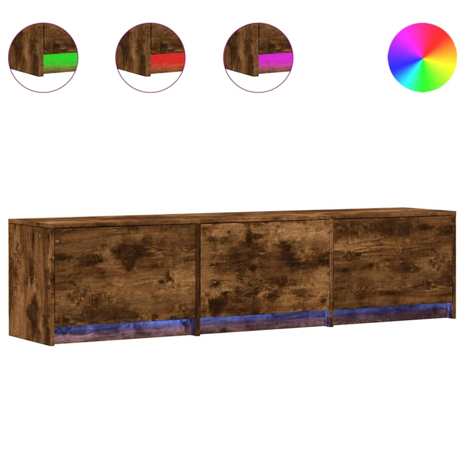 Mueble de TV de madera de roble ahumado con 3 cajones, estantes y compartimentos, montaje en pared, mueble bajo con gestión de cables para sala de estar, juegos