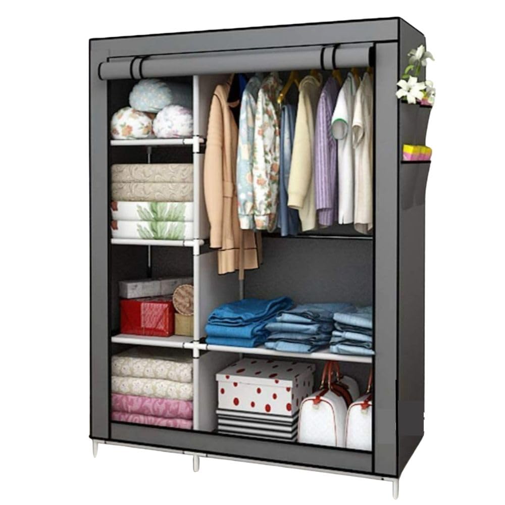 Armadio Guardaroba in Tessuto 105x45x170 cm – Struttura Rinforzata in Acciaio, Antipolvere e Impermeabile, Armadio Portatile con Ripiani e Asta Appendiabiti, Facile da Montare (Grigio)