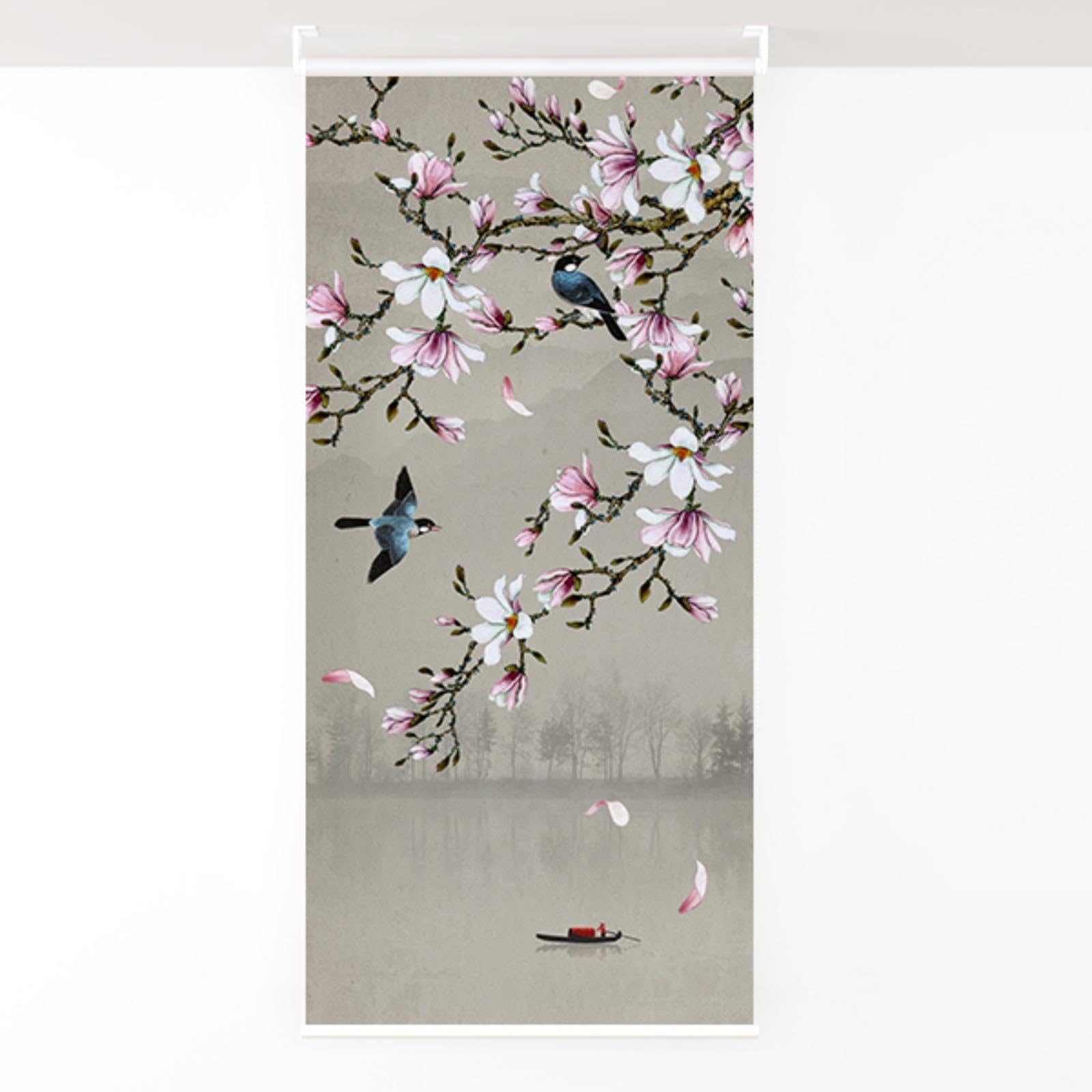 Room Divider, Chinese Floral Avian Hanging Screen, Living Room Bedroom Decor Birds Pink Magnolia-image-46